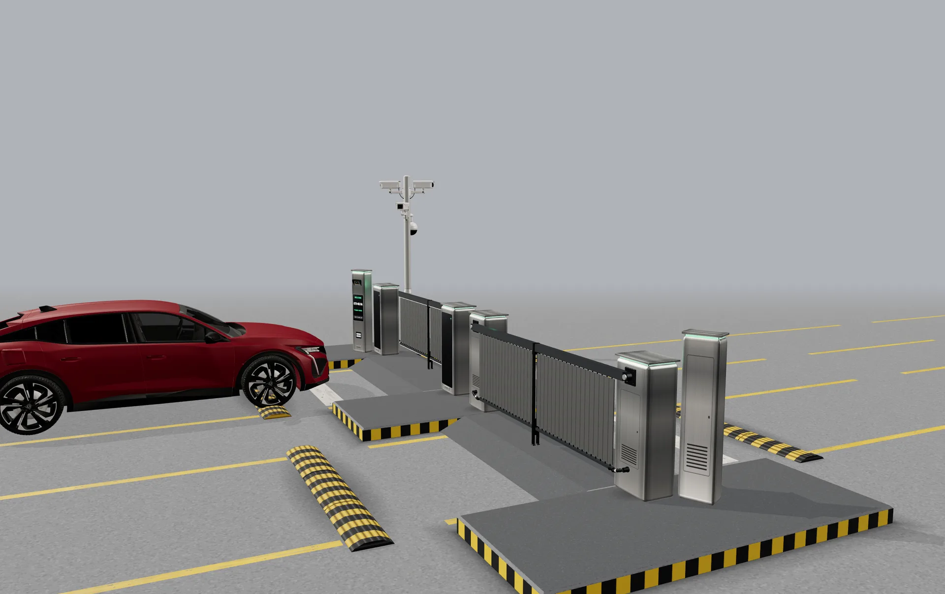 A car waiting at a two-lane SecureGate barrier plaza, its own lane's boom raised while the far lane stays closed