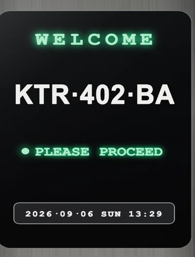 The cabinet's status screen reading WELCOME, the plate KTR·402·BA, and PLEASE PROCEED