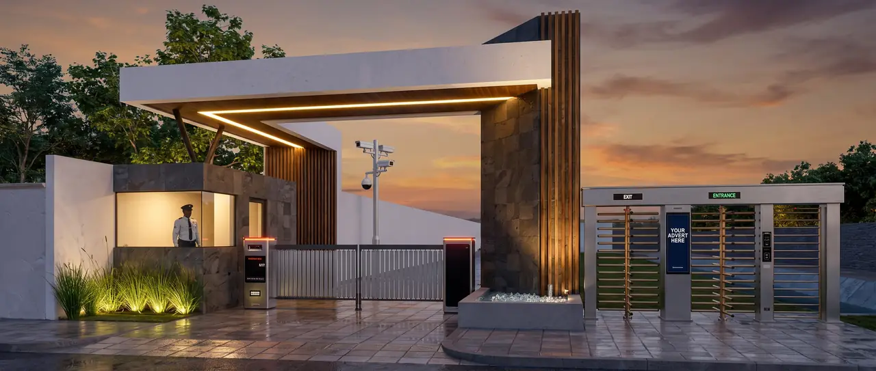 A complete SecureGate entrance at dusk: a lit guardhouse with a guard on duty, a vehicle lane with its barrier and reader column, a camera mast above, and twin full-height turnstiles with an advertising screen under EXIT and ENTRANCE headers.