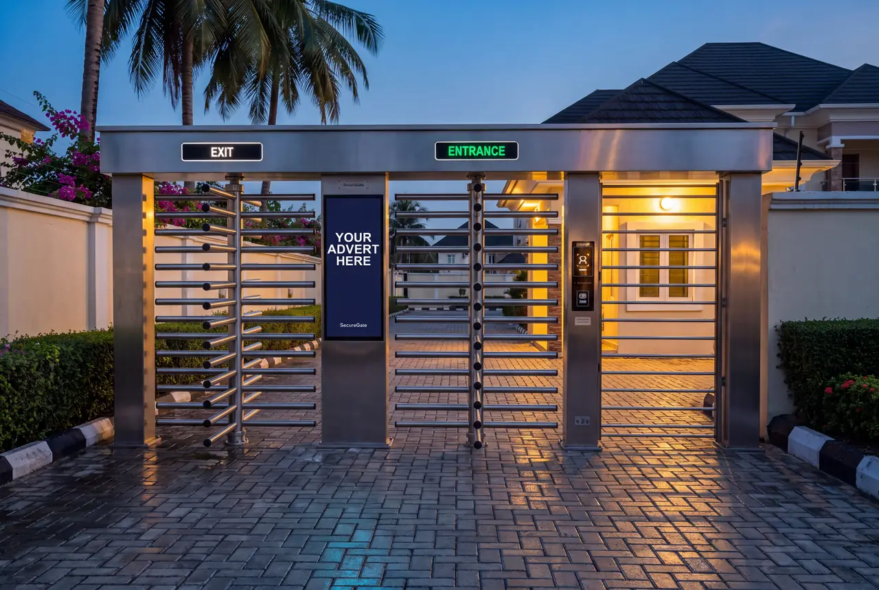 A SecureGate pedestrian entrance at dusk: twin full-height turnstiles under a stainless canopy, lit EXIT and ENTRANCE headers over each lane, an advertising screen between them and a reader panel beside the gatehouse door.