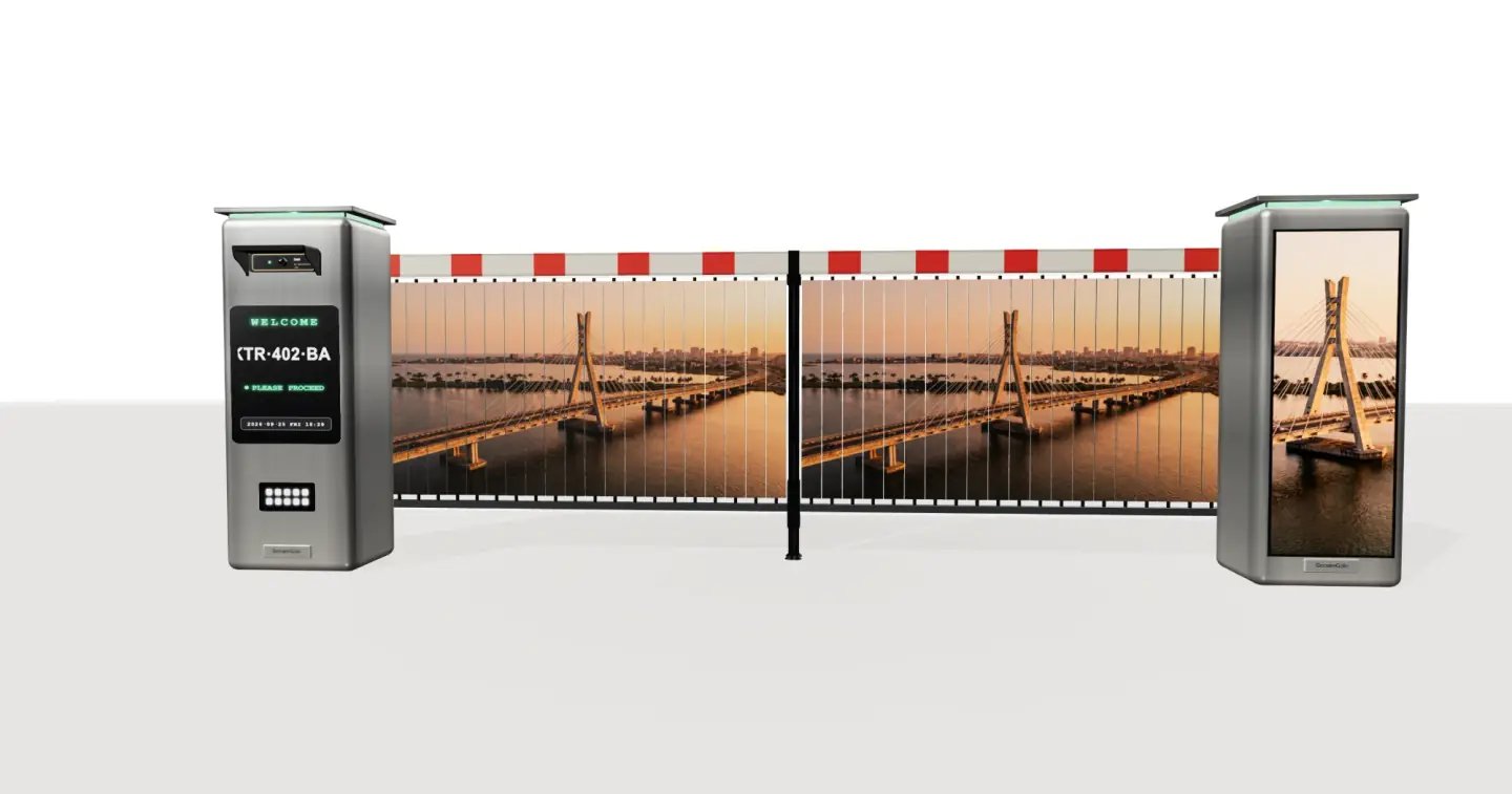 A SecureGate LPR barrier: a brushed-stainless reader column showing a welcome readout, a red-and-white striped boom with a full-width printed advertising panel beneath it, and a matching cabinet carrying a tall advertising screen.