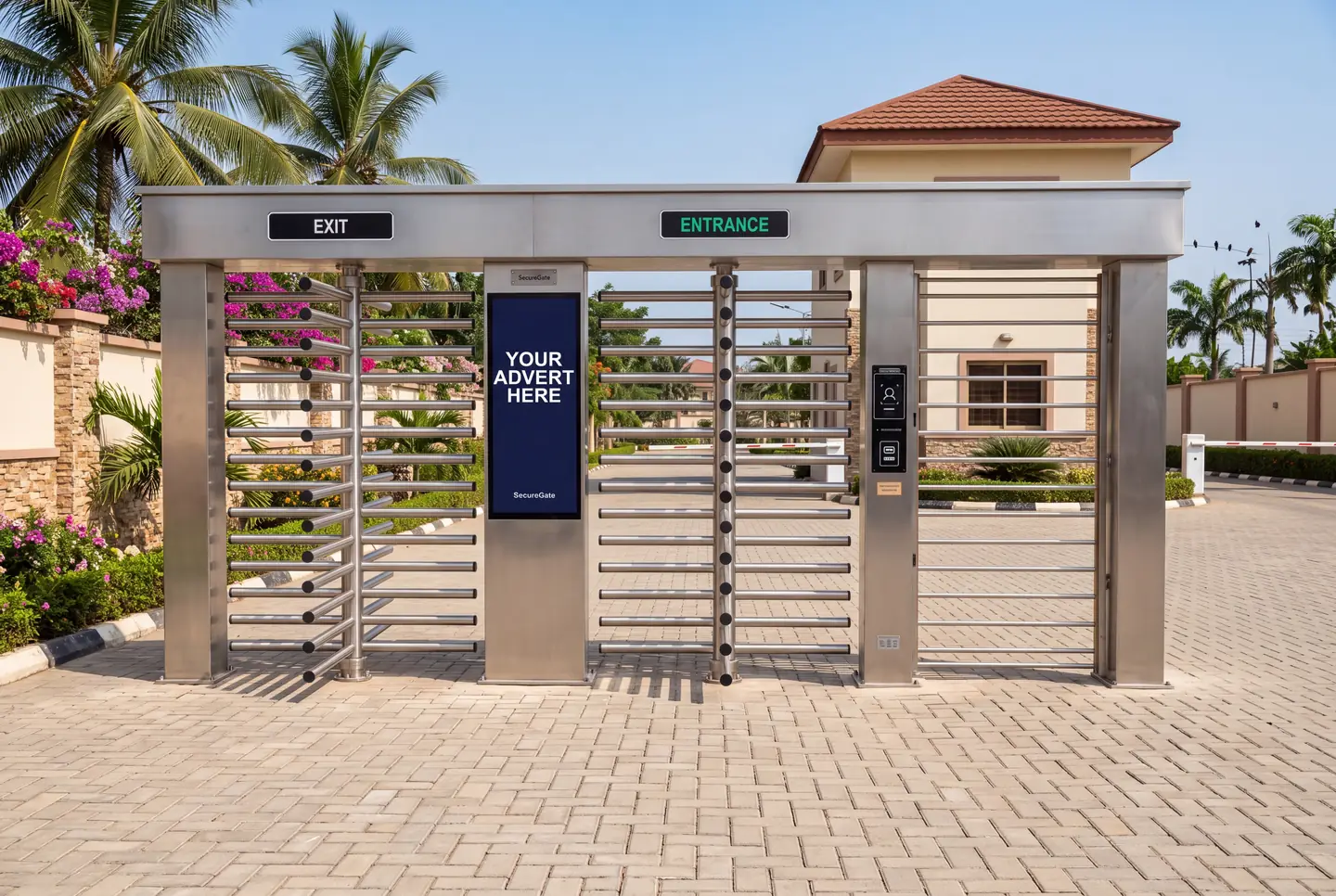 A SecureGate full-height turnstile bank at an estate gate: twin stainless rotors under a canopy carrying lit EXIT and ENTRANCE headers, an advertising screen between them and a reader panel with face and card readers.