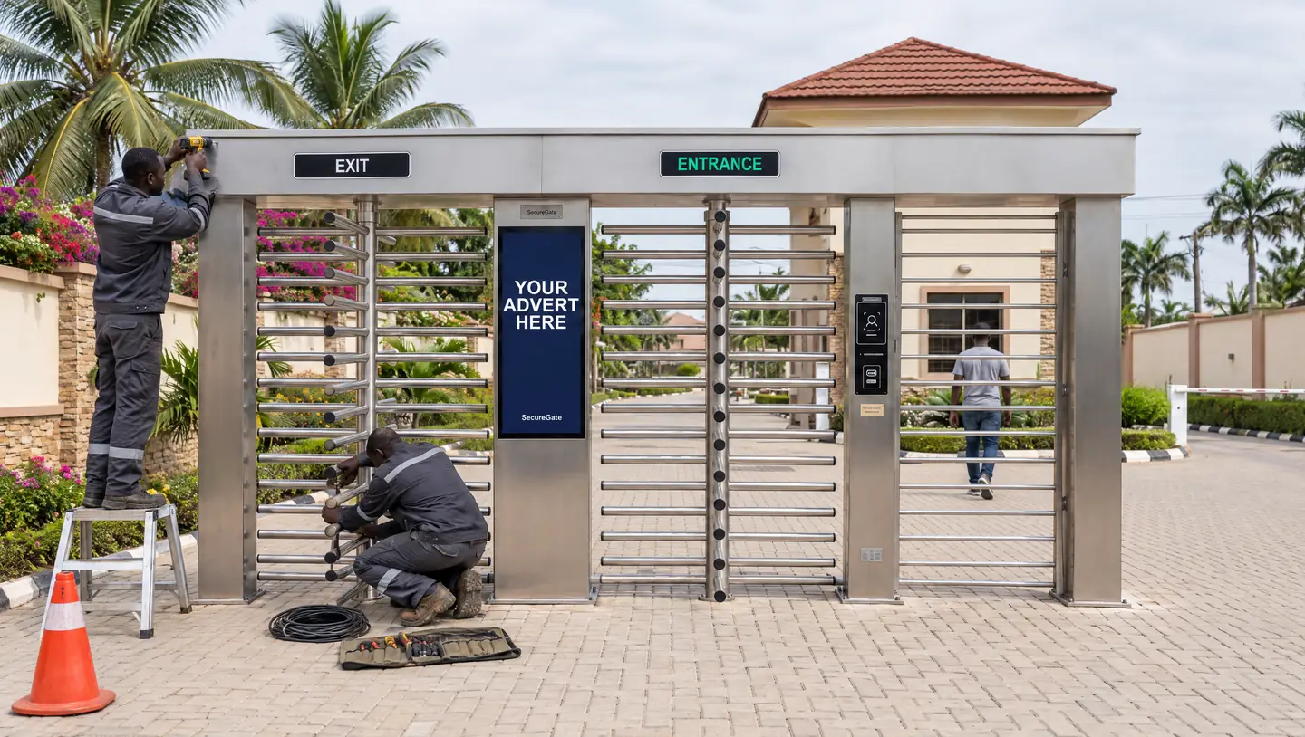 Two SecureGate technicians installing a full-height turnstile bank under its EXIT and ENTRANCE headers — one on a step platform fastening the canopy frame, the other kneeling at the rotor with a cable coil and tool roll — while the lane beside them stays open and a resident walks through it.