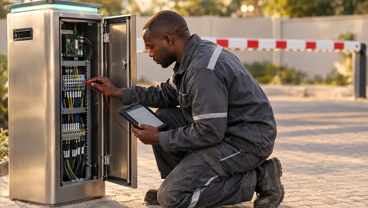 A SecureGate service engineer kneeling at the open control cabinet of a vehicle barrier, holding a multimeter probe to a labelled terminal strip while a diagnostic readout sits on the rugged tablet in his other hand, the barrier boom soft behind him.